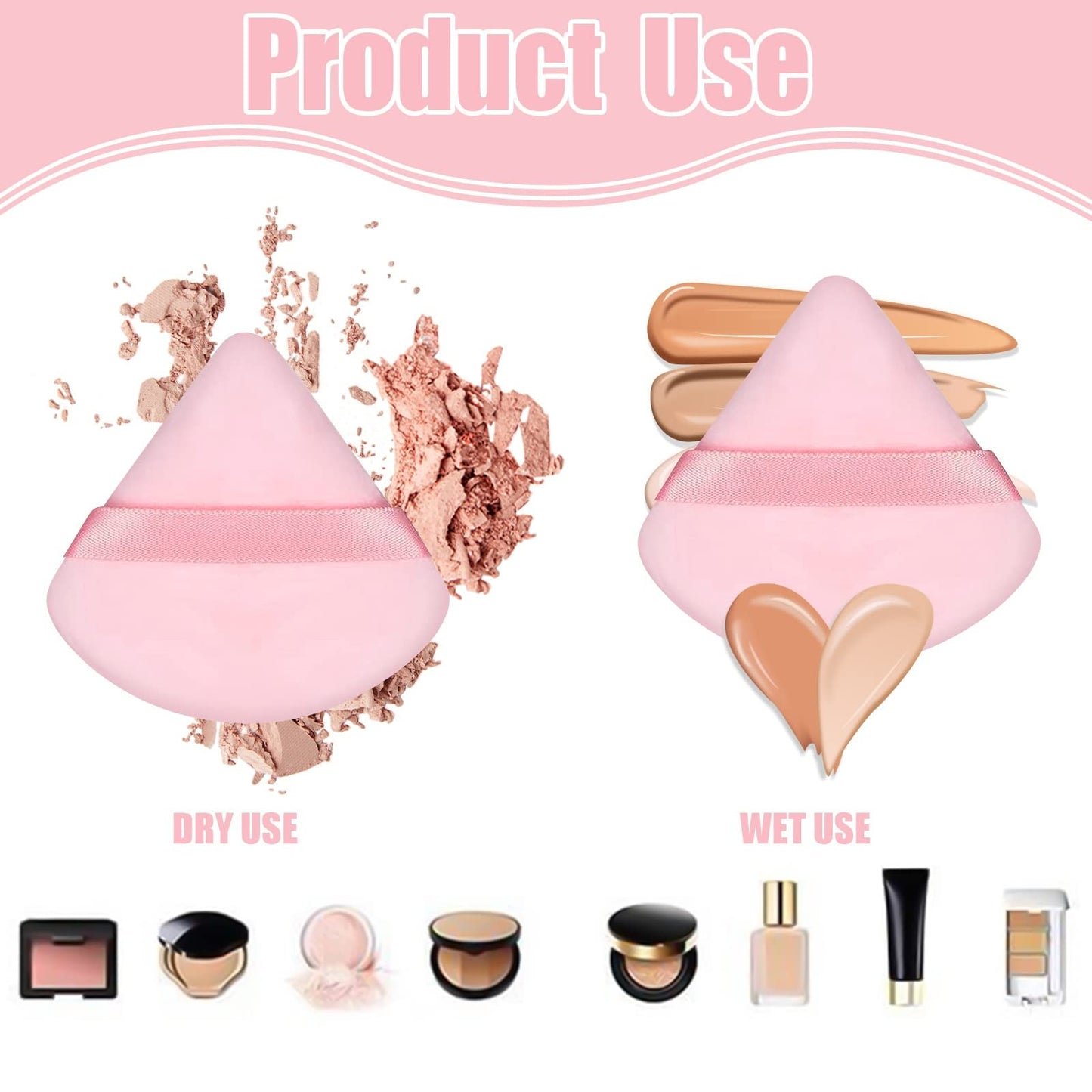 Pimoys 6 Pieces Powder Puff, Face Makeup Sponge Soft Velour Triangle Powder Puffs Beauty Sponge for Loose Powder (Black, Pink)