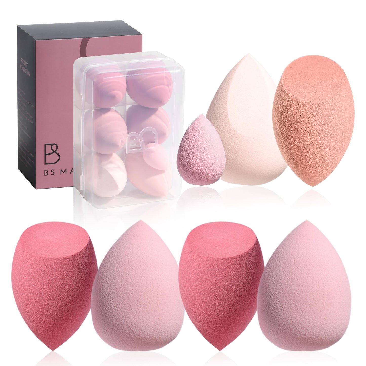 Makeup Sponge Set BS-MALL with Storage Case 7 Pcs for Liquid, Cream, and Powder,SAVE Foundation with 1 Mini Makeup Sponge For Travel Daily Use (A-Pink）